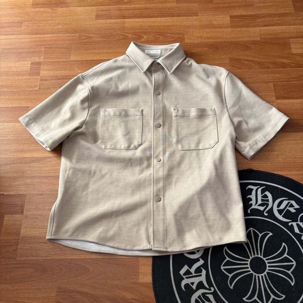Zara Men's Beige Textured Short-Sleeve Button-Up Shirt with Dual Chest Pockets